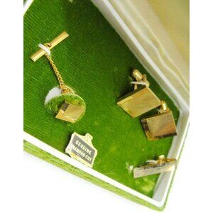 Vintage Di Gino Cufflinks Tie Tac Tie Bar Set Gold Tone Diamond Cut IOB